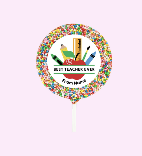 Creamy Belgian chocolate pop (available in 3 variants - dark, milk or white) covered in colourful sprinkles, customised with your message for a thoughtful teacher’s gift.