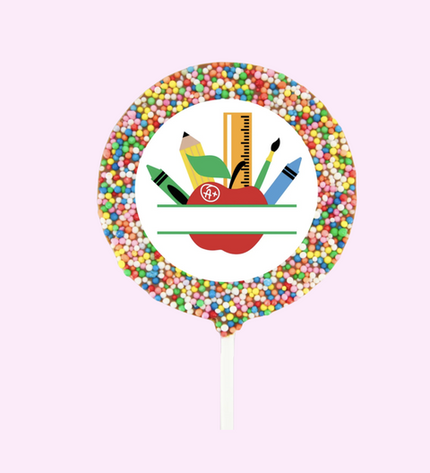 Creamy Belgian chocolate pop (available in 3 variants - dark, milk or white) covered in colourful sprinkles, customised with your message for a thoughtful teacher’s gift.