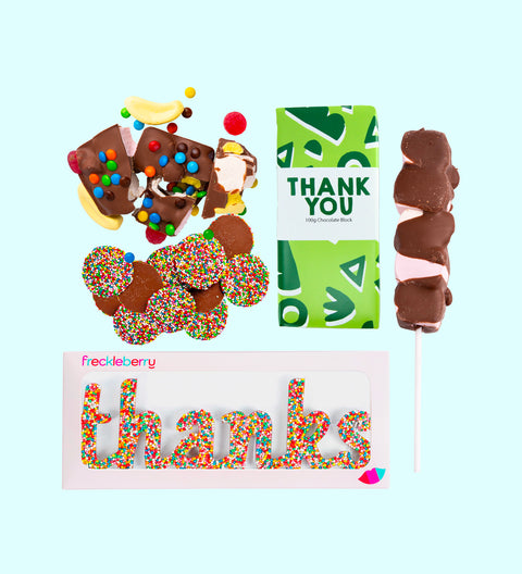 Thank You Gift Box, filled with a selection of premium Belgian chocolate treats – a delicious way to say thanks. Inclusions:

100g Milk Chocolate Message Block
150g Fun Rocky Road
150g Milk Chocolate Speckles Grab Bag
60g Marshmallow Pop
60g Chocolate “Thanks” Word