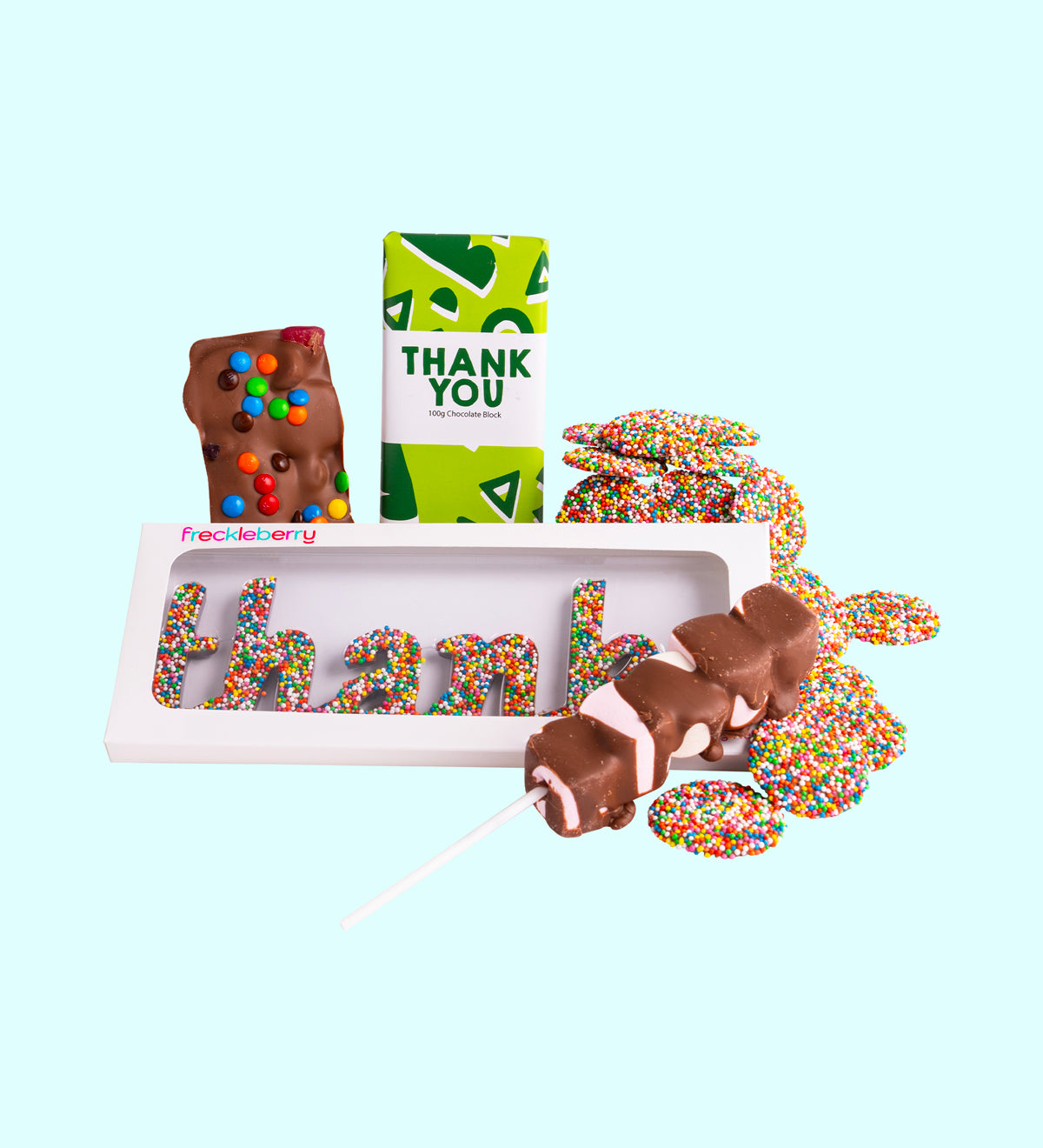 Thank You Gift Box, filled with a selection of premium Belgian chocolate treats – a delicious way to say thanks. Inclusions:

100g Milk Chocolate Message Block
150g Fun Rocky Road
150g Milk Chocolate Speckles Grab Bag
60g Marshmallow Pop
60g Chocolate “Thanks” Word