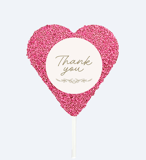 Enjoy our Thank You Pop, made from premium Belgian chocolate and topped with colourful pink sprinkles – a fun and delicious treat for all ages.