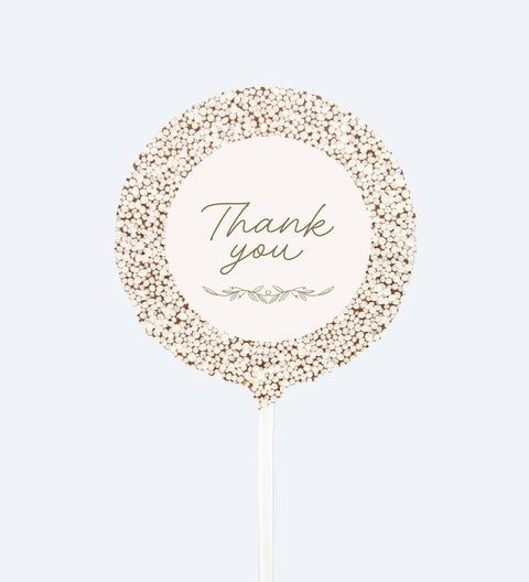 Enjoy our Thank You Pop, made from premium Belgian chocolate and topped with bright white sprinkles – a fun and delicious treat for all ages.