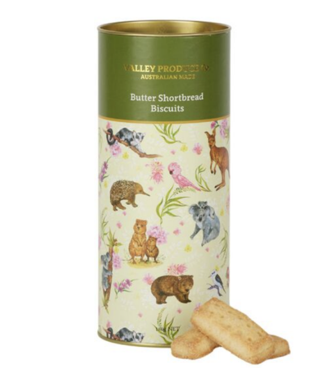 Delicate shortbread cookies in a green & yellow tube featuring a delightful mix of iconic Australian animals - a delightful treat for any occasion. 