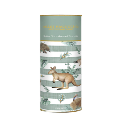 Delicate butter shortbread cookies in a green tube featuring a delightful mix of iconic Australian animals (kangaroo, wombat, and birds) - a delightful treat for any occasion. 