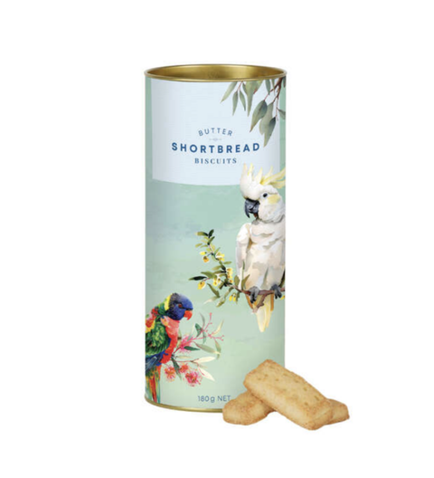 Delicate shortbread cookies in a blue-green tube featuring a delightful mix of iconic Australian parrot and cockatoo - a delightful treat for any occasion. 