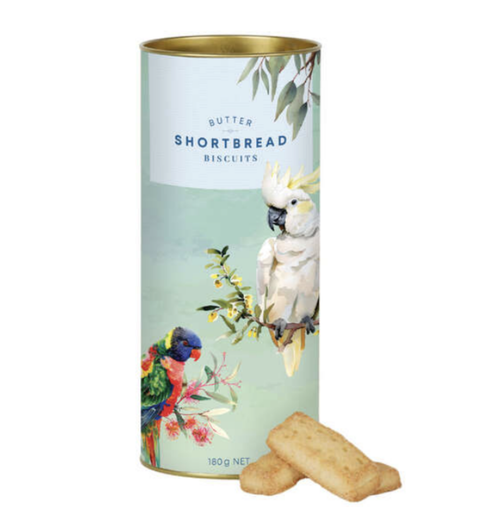 Delicate shortbread cookies in a blue-green tube featuring a delightful mix of iconic Australian parrot and cockatoo - a delightful treat for any occasion. 
