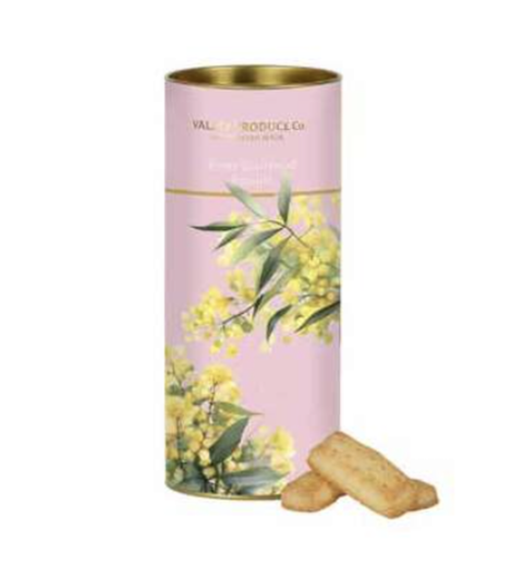 Delicate shortbread cookies in a pink tube adorned with a wattle blossoms, combines iconic Australian flora with Australian made shortbread - a delightful treat for any occasion. 