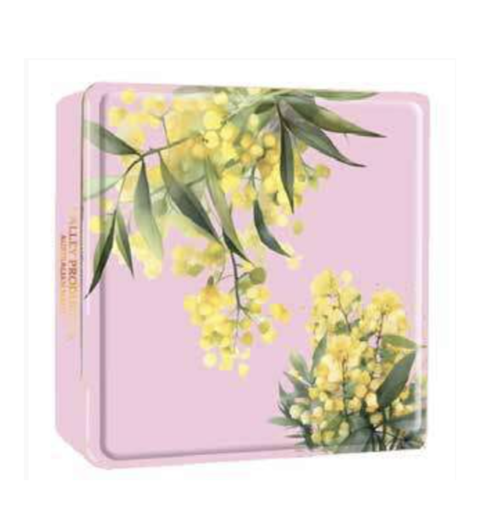 Delicate shortbread cookies in a pink tin adorned with a wattle blossoms, combines iconic Australian flora with Australian made shortbread - a delightful treat for any 
