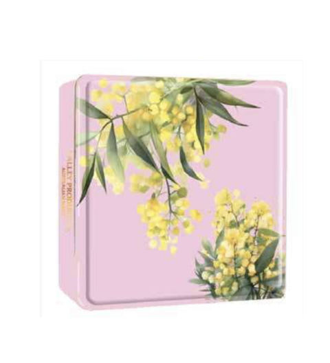 Delicate shortbread cookies in a pink tin adorned with a wattle blossoms, combines iconic Australian flora with Australian made shortbread - a delightful treat for any 
