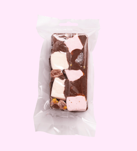 Turkish Delight Rocky Road packed with soft marshmallows, crunchy nuts, and sweet Turkish delight, all coated in smooth premium Belgian milk chocolate.