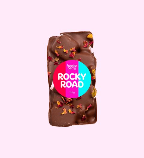 Turkish Delight Rocky Road packed with soft marshmallows, crunchy nuts, and sweet Turkish delight, all coated in smooth premium Belgian milk chocolate.