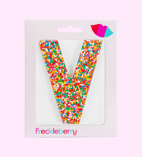 Freckle chocolate letter V in milk white or dark with frecklels