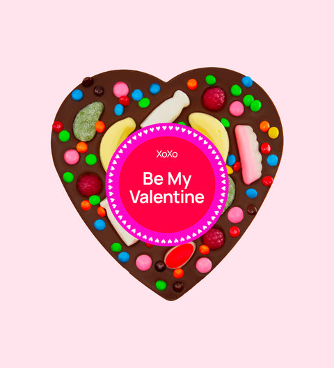 Premium giant Belgian dark chocolate topped with colourful lollies and wrapped in a cheerful "Be My Valentine" design/label – a fun and delicious gift for someone special.