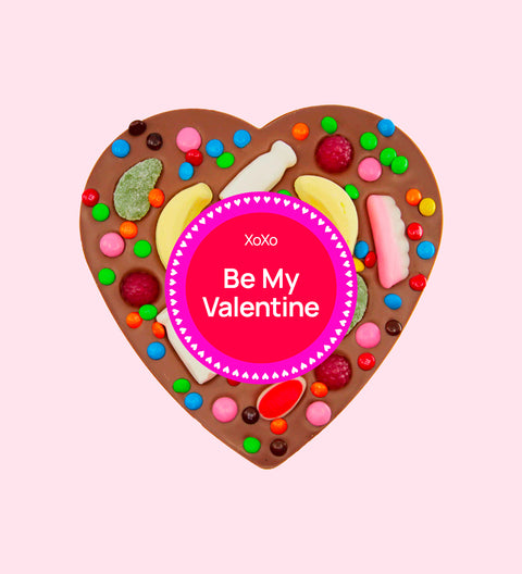 Premium giant Belgian milk chocolate topped with colourful lollies and wrapped in a cheerful "Be My Valentine" design/label – a fun and delicious gift for someone special.