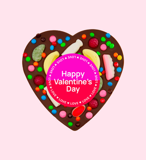 Premium giant Belgian dark chocolate topped with colourful lollies and wrapped in a cheerful "Happy Valentine's Day" design/label – a fun and delicious gift for someone special.