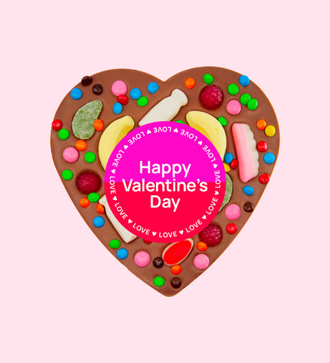Premium giant Belgian milk chocolate topped with colourful lollies and wrapped in a cheerful "Happy Valentine's Day" design/label – a fun and delicious gift for someone special.