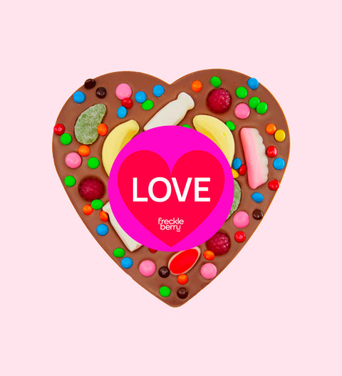 Premium giant Belgian milk chocolate topped with colourful lollies and wrapped in a cheerful "Love" design/label – a fun and delicious gift for someone special.