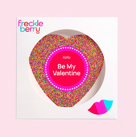 Premium giant Belgian chocolate (available in 3 variants - dark, milk or chocolate) topped with colourful multi spinkles with "Be My Valentine" design/label - perfect gift for Valentine's Day. 