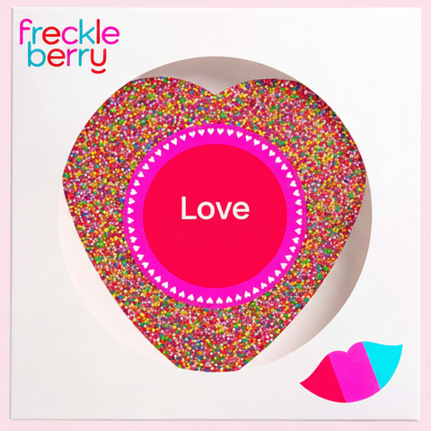 Premium giant Belgian chocolate (available in 3 variants - dark, milk or chocolate) topped with colourful multi spinkles with "Love" design/label - perfect gift for Valentine's Day. 