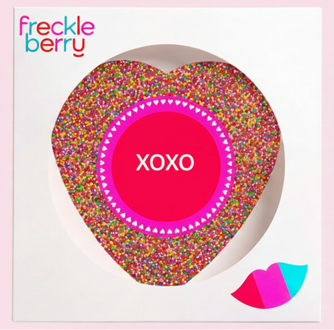 Premium giant Belgian chocolate (available in 3 variants - dark, milk or chocolate) topped with colourful multi spinkles with "XOXO" design/label - perfect gift for Valentine's Day. 