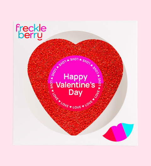 Giant red freckle heart, made from premium Belgian chocolate and topped with vibrant red sprinkles wrapped in a Happy Valentine’s Day design (with Happy Valentine's Day sticker) for the perfect romantic treat.