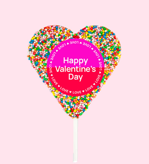 Creamy Belgian chocolate heart (available in 3 variants - dark, milk or white) covered in colourful multi sprinkles with "Happy Valentine's Day" design/label - the perfect sweet gift to say “I love you.”
