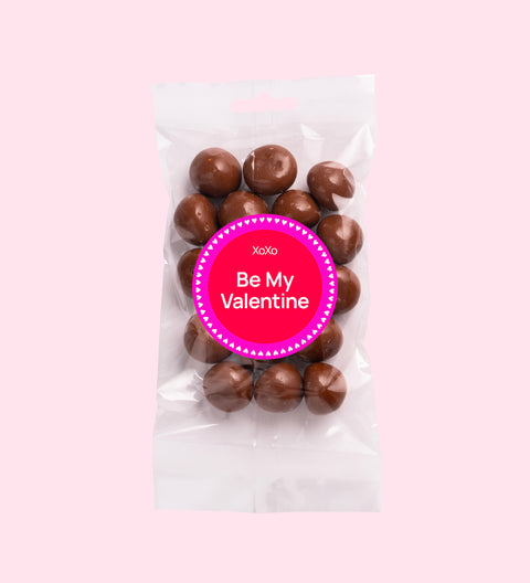 Tangy raspberries covered in smooth premium Belgian milk chocolate with Be My Valentine sticker – a decadent and romantic Valentine’s Day treat.
