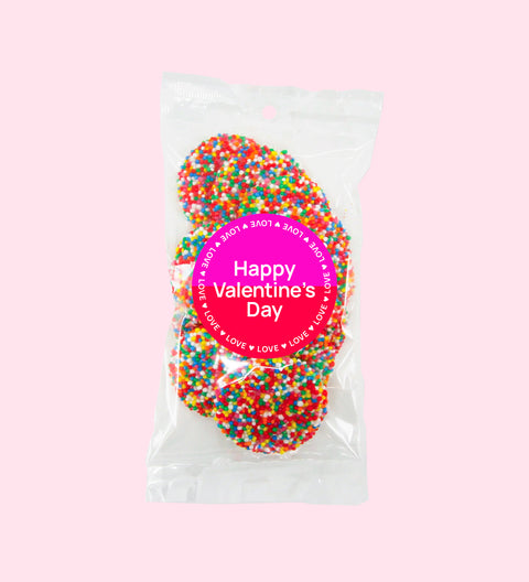 Smooth premium Belgian chocolate and topped with colourful sprinkles with Happy Valentine's Day sticker/design – a perfect Valentine’s Day treat."