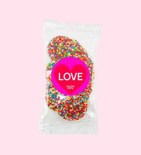 Smooth premium Belgian chocolate and topped with colourful sprinkles with Love sticker/design – a perfect Valentine’s Day treat."
