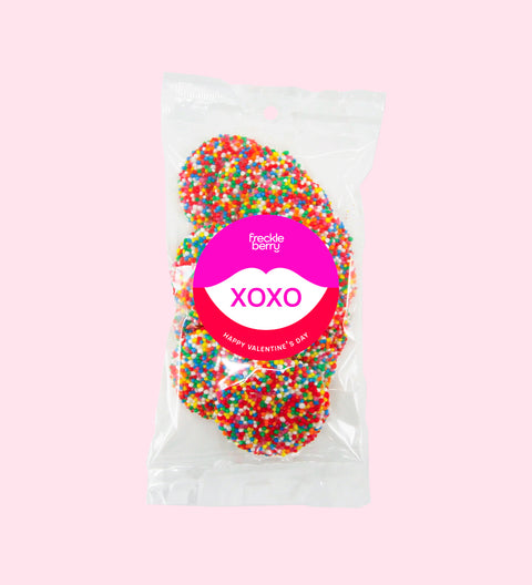 Smooth premium Belgian chocolate and topped with colourful sprinkles with XOXO sticker/design – a perfect Valentine’s Day treat."