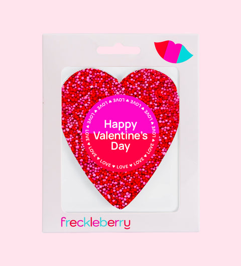 Premium Belgian chocolate (available in 3 variants - dark, milk or white) topped with vibrant red and pink sprinkles, wrapped in "Happy Valentine’s Day" design/label – a sweet gift for someone special.