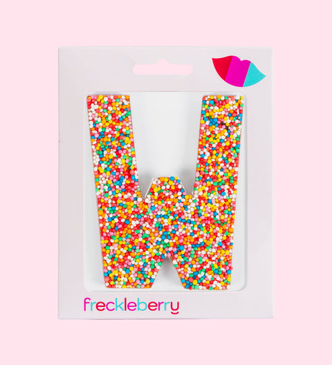 Belgian chocolate letter W 40g with rainbow sprinkles
