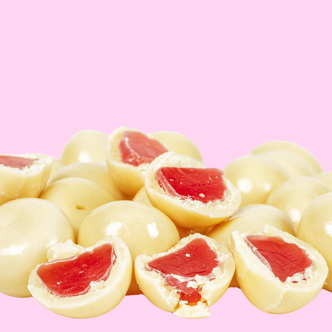 Tangy raspberries covered in creamy premium Belgian white chocolate – a sweet and decadent treat.