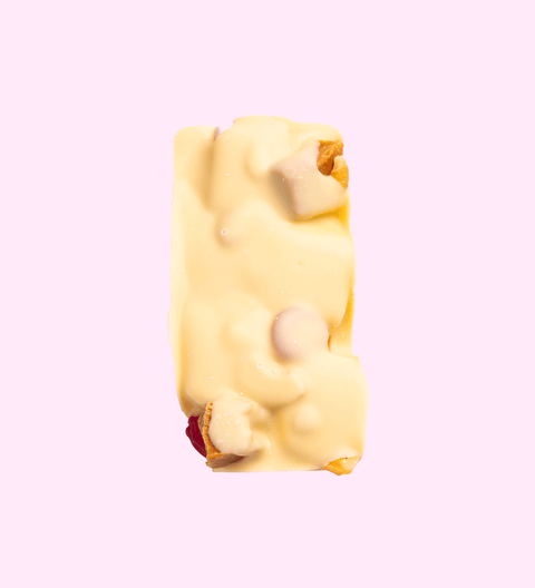 Rocky Road packed with marshmallows, nuts, and dried fruit, all coated in creamy premium Belgian white chocolate – a sweet and chewy delight.