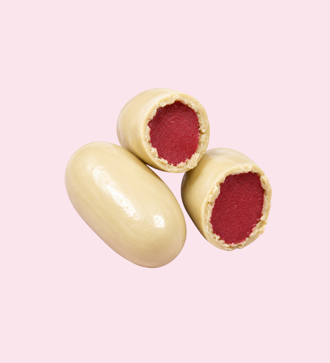 Giant raspberry bullets with Belgian white chocolate