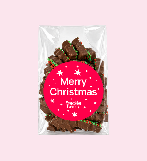Mini christmas tree chocolates with merry christmas sticker