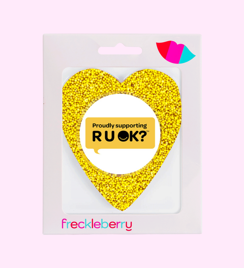 Heart-shaped yellow beads in packaging with 'Proudly supporting RUOK?' text and freckleberry branding.