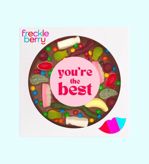 Chocolate lolly pizza with you're the best sticker