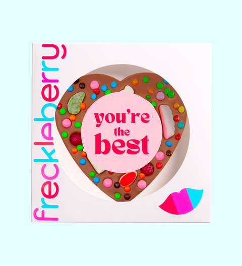 Freckleberry product with heart-shaped design and 'you're the best' text on a light blue background