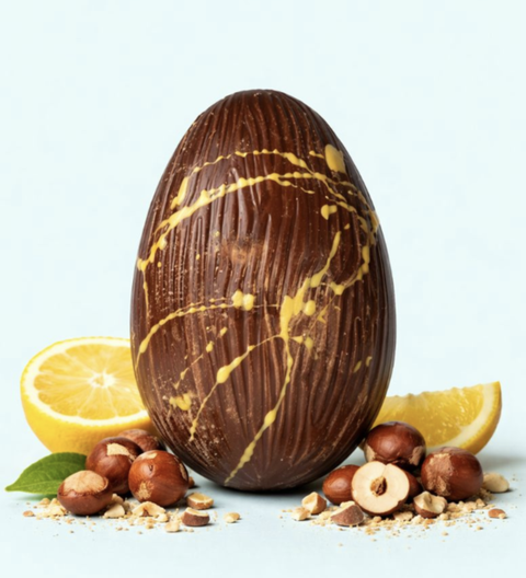 Yuzu and hazelnut Easter egg made with Belgian chocolate, shown out of the box