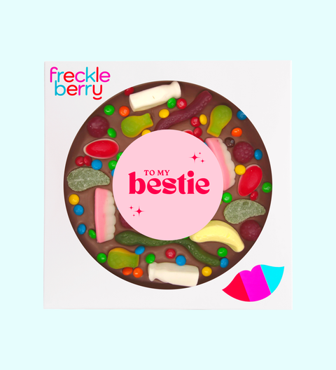 Giant Chocolate Lolly Pizza with a to my bestie sticker. Perfect gift for your best friend, friends and more.