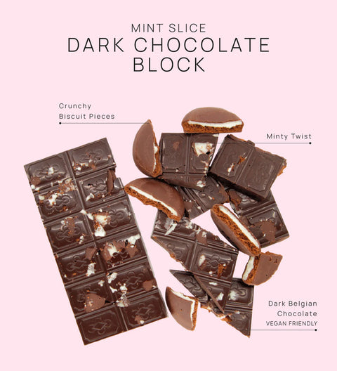 Dark chocolate block with mint slice flavor, showing pieces and a whole bar on a light pink background.