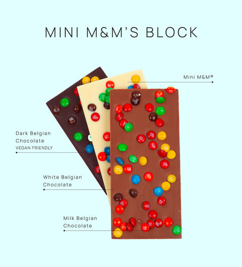 Mini M&M Blocks with white, dark and milk chocolate. Our most popular block. 