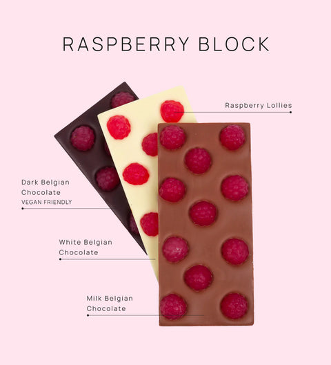 Three chocolate blocks with raspberries. Great gift and everyones favourites. 