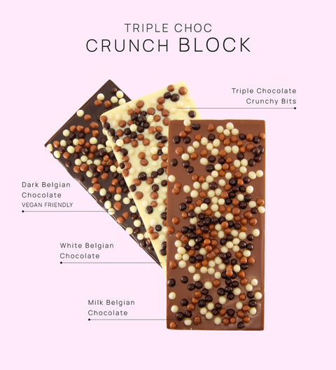Triple Choc Crunch Block with different types of chocolate and crunchy bits on a light purple background.