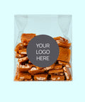 Caramel Brittle raspberries with corporate stand up bag personalised with logo or design.
