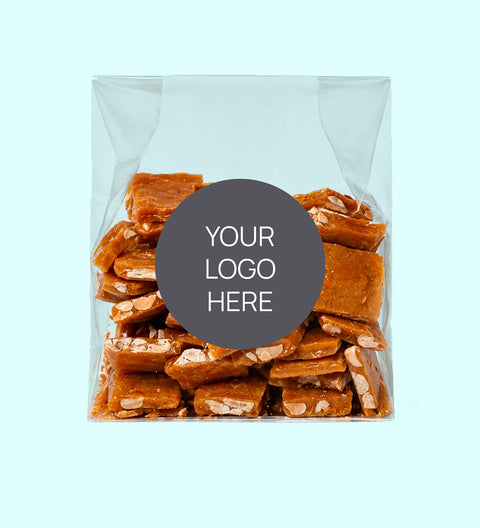Caramel Brittle raspberries with corporate stand up bag personalised with logo or design.