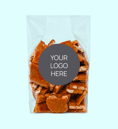 Mixed Chocolate brittle with corporate stand up bag personalised with logo or design.