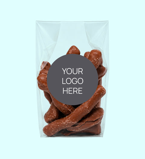 Mixed Chocolate coated snakes with corporate stand up bag personalised with logo or design.