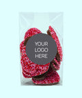Pink and Red Hearts raspberries with corporate stand up bag personalised with logo or design.